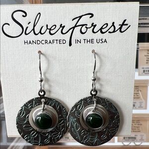 Silver Forest Dark Green and Silver Disc Earrings